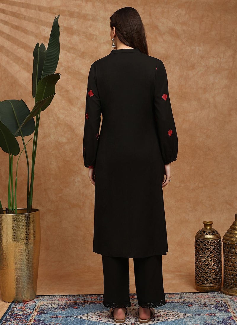 Globus Women Black Mandarin Collar Bishop Sleeves Embroidered Detail Button Down Straight Kurta With Lace Detail Pants Fusion Set - Image 4